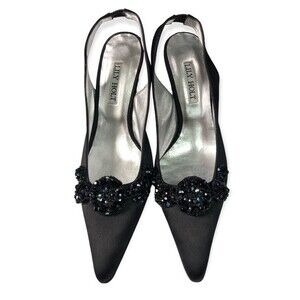 Lily Holt Vintage Black Satin Beaded Pointy Slingback Pumps